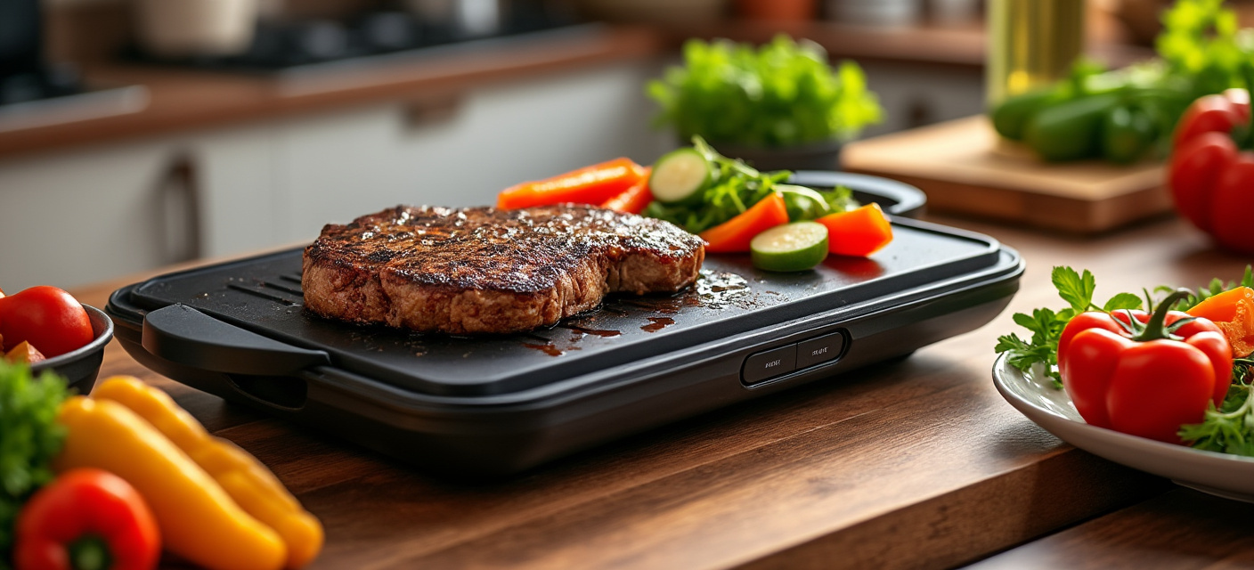 Elektrischer Tischgrill mit Fleisch und Gemüse