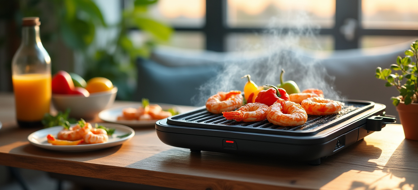 Rauchfreier Tischgrill mit Garnelen und Paprika
