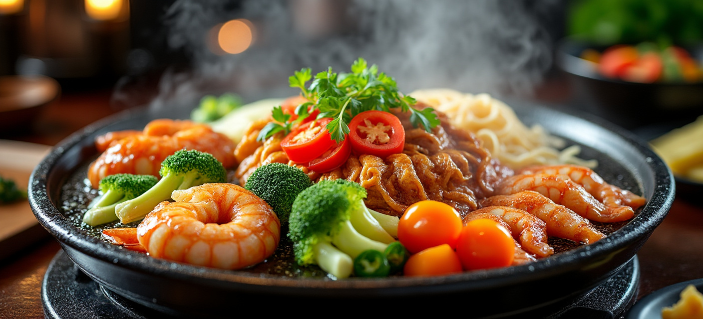 Teppanyaki-Plancha mit Gemüse und Garnelen