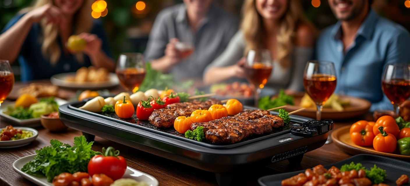 Moderner Tischgrill mit gegrilltem Gemüse und Fleisch am Tisch