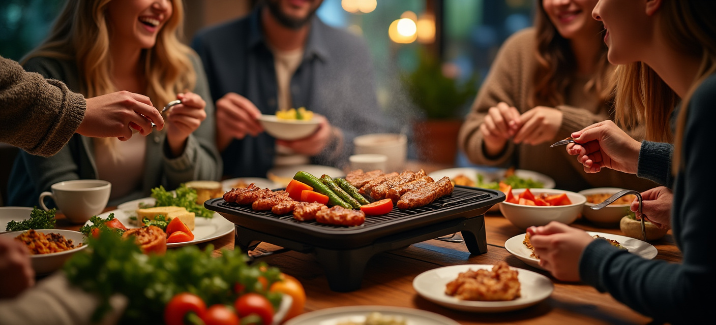 Freunde grillen gemeinsam am Tischgrill